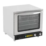 Apuro convection oven angled front view showing stainless steel exterior, glass door, and control panel with yellow logo