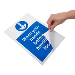 Vogue Wash Hands Before Handling Food Sign Self-Adhesive-300x200mm 11 3/4x7 3/4" view 3