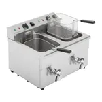 Apuro Double Induction Fryer angled view showing stainless steel body, two wire baskets, and rear control panel with dial and lights