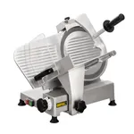 Apuro Meat Slicer - 300mm angled close-up showing stainless steel body, clear plastic carriage, and red and green power switch.