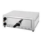 Caterlite Pizza Oven angled front view showing stainless steel body, sliding door with black handle, and two control knobs.