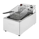 Apuro single electric fryer from a three-quarter angle, showing the stainless steel basin, wire basket, and rear control panel with red switch and digital timer.