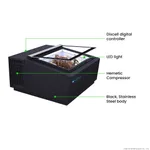 Bonvue gelato display showcase annotated diagram showing black body, open glass lid, and labeled internal components