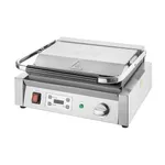 Apuro Extra Large Single Contact Grill angled close-up showing brushed stainless steel housing, red rocker switch, and digital timer panel.