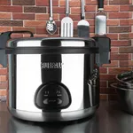 Close-up of the Apuro Jumbo Rice Cooker front, showing the stainless steel body, black lid, and control panel with heat and warm lights.
