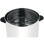 Apuro Food Steamer from a high three-quarter view showing the stainless steel body, black handles, and wire-mesh basket