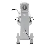 Rear view of the Apuro Digital Planetary Mixer on a wheeled stand, showing the grey stainless-steel body, black power cord, and ventilation grille.