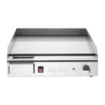 Apuro Small Countertop Griddle front view showing polished steel plate, red power switch, and black temperature knob.