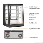 Annotated diagram of the Bonvue Chilled Angled Counter Top Food Display showing black frame, chrome shelves, and rear digital controller.