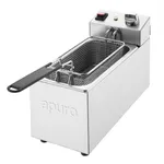 Apuro Single Fryer angled close-up showing brushed stainless steel body, wire mesh basket, and rear control panel with red switch and dial.