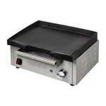 Apuro counter top electric griddle angled front view showing brushed stainless steel housing, black cooking plate, and control panel