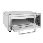 Apuro Firestone Pizza Oven front three-quarter view with open door revealing interior rack and black control panel with yellow logo
