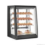 Bonvue Chilled Angled Counter Top Food Display in angled front view, featuring black frame, glass front, and shelves holding bread rolls and cakes.