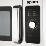 Close-up of the right side of the Apuro Commercial Microwave showing the black control panel with a white rotary dial and menu guide.