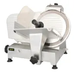 Apuro Meat Slicer 300mm angled close-up showing stainless steel body, black adjustment dials, and yellow brand badge on the base.