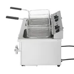 Apuro Double Induction Fryer angled close-up showing stainless steel cabinet, black feet, drain valve, and wire baskets