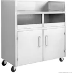 Modular Systems MBS118 Double Bin Mobile Station from a three-quarter angle, featuring stainless steel bins, cabinet doors, and black castor wheels.