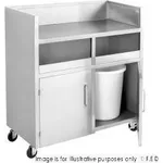 Modular Systems MBS118 Double Bin Mobile Station from a side angle, showing stainless steel construction, open cubbies, and a lower cabinet with a sliding door.