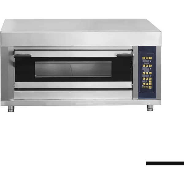 Baker Max electric deck bakery oven with stainless steel body, glass door, and blue control panel