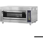 Bakermax Electric Deck Bakery Oven with Steam Me2s from a three-quarter angle, showing stainless steel body, glass door, and perforated side vents.