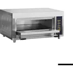 Bakermax Electric Deck Bakery Oven with Steam Me2s from a front three-quarter angle with the door open, revealing the dark interior and right-side digital control panel.