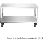 Baker Max stainless steel trolley side view with rectangular shelves and black swivel casters, with illustrative disclaimer text