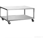 Baker Max stainless steel trolley in a three-quarter view, featuring two flat shelves and four black swivel casters.