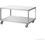 Baker Max two-tier stainless steel trolley from a three-quarter angle, featuring a square tubular frame and four grey swivel casters.