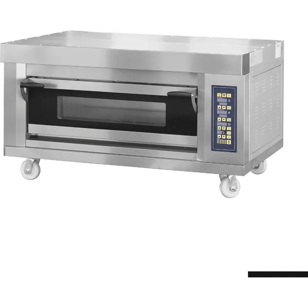 Bakermax stackable electric deck bakery oven with stainless steel body, glass door, and yellow digital controls
