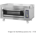 Bakermax Stackable Electric Deck Bakery Oven from a front-three-quarter angle, showing stainless steel cabinet, glass door, and control panel.