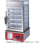 Benchstar MME-500H-S electric steamer display cabinet side view showing stainless steel body, glass door, and red base with controls.