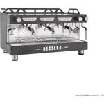 Front view of the Bezzera Moda DE 3 Group Espresso Machine in black and stainless steel, showing three group heads and top cup warming rack.