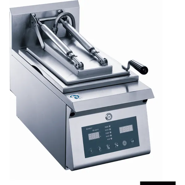 Benchstar automatic single pan fried dumplings machine with stainless steel body, hinged lid, and digital controls