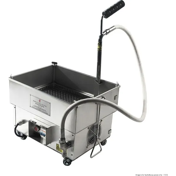 Frymax LG-20E stainless steel oil filter cart with perforated basin, side pump, and red switch