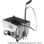 Frymax LG-20E oil filter cart side view showing stainless steel basin, perforated grid, and wheeled base with control box