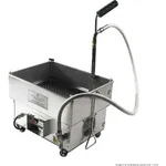 Frymax LG-20E oil filter cart from a three-quarter angle, featuring a stainless steel tank, black handle, and side control box.