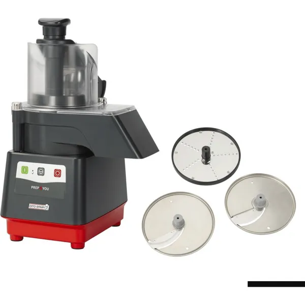 Dito Sama Prep4you electric vegetable slicer with black and red body, clear feed chute, and three stainless steel discs.