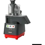 Dito Sama Prep4you Vegetable Slicer in a three-quarter view, showing the black and red body, clear feed chute, and front control panel.