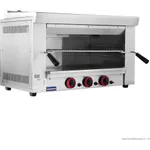 GasMax Heavy Duty LPG Salamander REB-02ELPG from a three-quarter angle, showing stainless steel body, wire rack, and three red-rimmed control knobs.