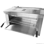 Gasmax Heavy Duty LPG Salamander REB-02ELPG from a three-quarter angle with the door open, revealing the internal wire mesh rack and ribbed metal panels.