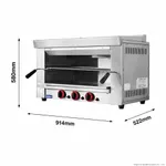 Gasmax Heavy Duty LPG Salamander REB-02ELPG in three-quarter view with stainless steel body, red knobs, and dimension lines