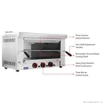 GasMax REB-02ELPG LPG salamander annotated diagram highlighting stainless steel body, ceramic burners, and control knobs