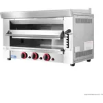 Gasmax Heavy Duty Natural Gas Salamander REB-03E from a three-quarter angle, showing stainless steel body, red knobs, and black crank handle.