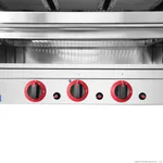 Close-up of the Gasmax Heavy Duty LPG Salamander front panel featuring three red-rimmed rotary gas valves and black ignition buttons.