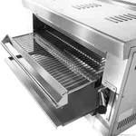 Gasmax Heavy Duty LPG Salamander REB-03ELPG close-up showing brushed stainless steel front, pull-out wire rack, and black control knob.