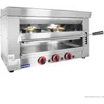 GasMax REB-03E natural gas salamander from a front-three-quarter angle, showing stainless steel cabinet, red knobs, and wire shelf with pans.