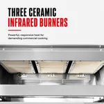 GasMax REB-03ELPG salamander underside close-up showing three beige ceramic infrared burners in a stainless steel frame
