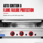 Close-up of the Gasmax Heavy Duty LPG Salamander REB-03ELPG stainless steel front panel with three red-rimmed knobs and blue logo.