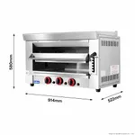 Gasmax REB-03E salamander in three-quarter view with extended shelf, showing stainless steel body, red knobs, and dimension lines.