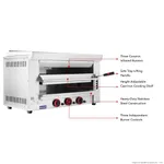 GasMax REB-03ELPG salamander angled view with red knobs and labeled parts including ceramic burners and cast-iron shelf
